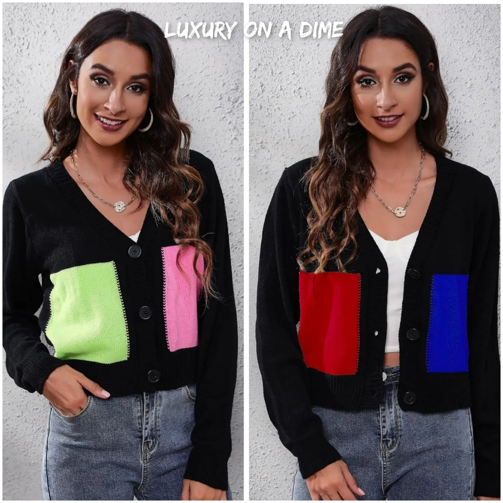 Color Block Cropped Classic Knit Button Front Long Sleeve Casual Cardigan Bright - Picture 8 of 8